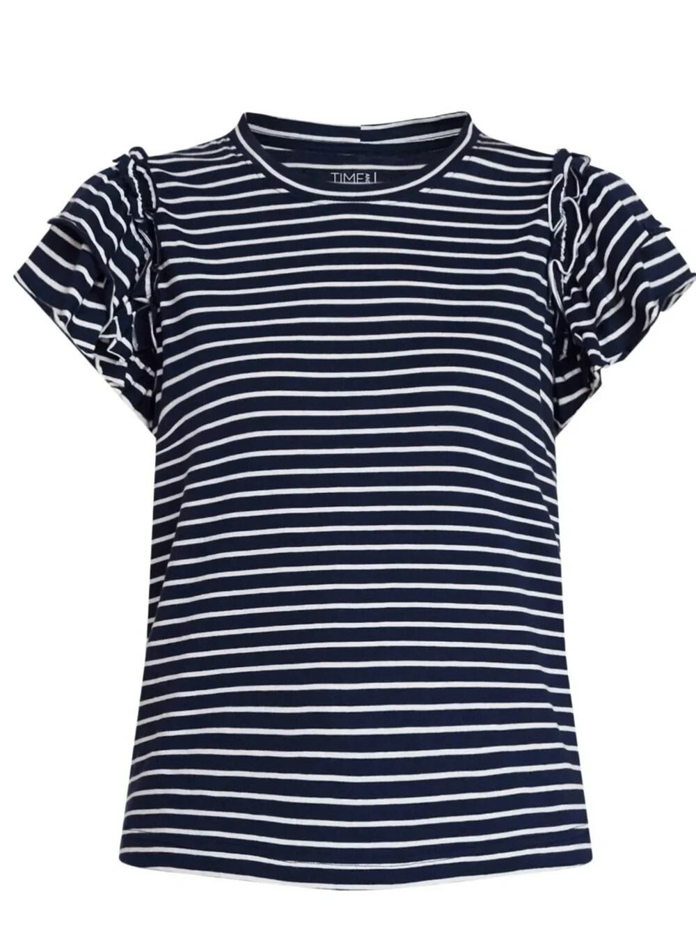 Time and Tru Women’s Ruffle Shoulder Tank Shirt Medium Navy Blue White Stripe